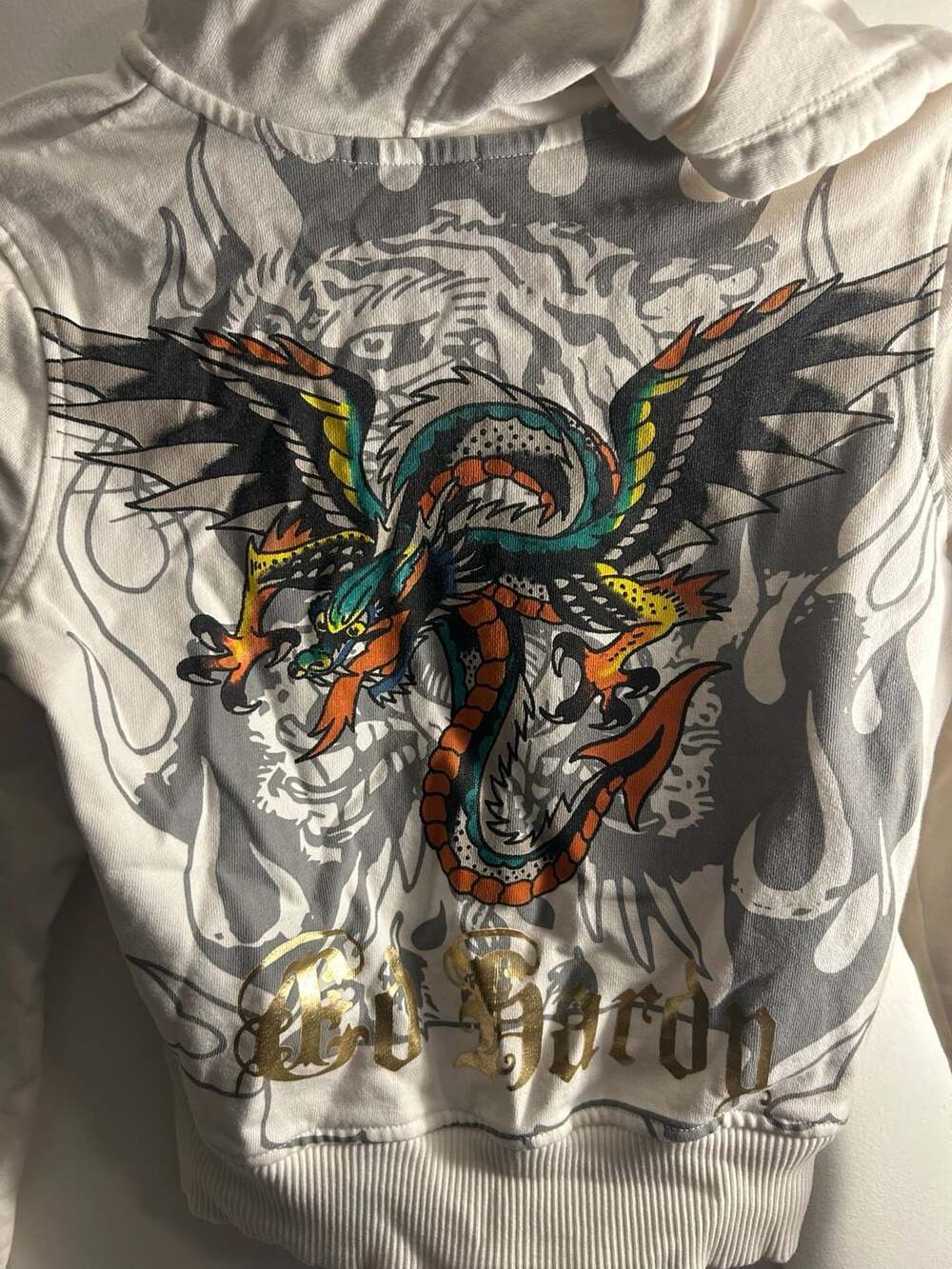 Ed Hardy Women's White Zip-Up Hoodie with Tiger and Dragon Graphic - Picture 6 of 6
